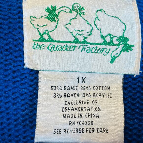 Quacker Factory Blue Chenille Yellow White Embroidered Angels Cardigan Plus 1X - Picture 7 of 10